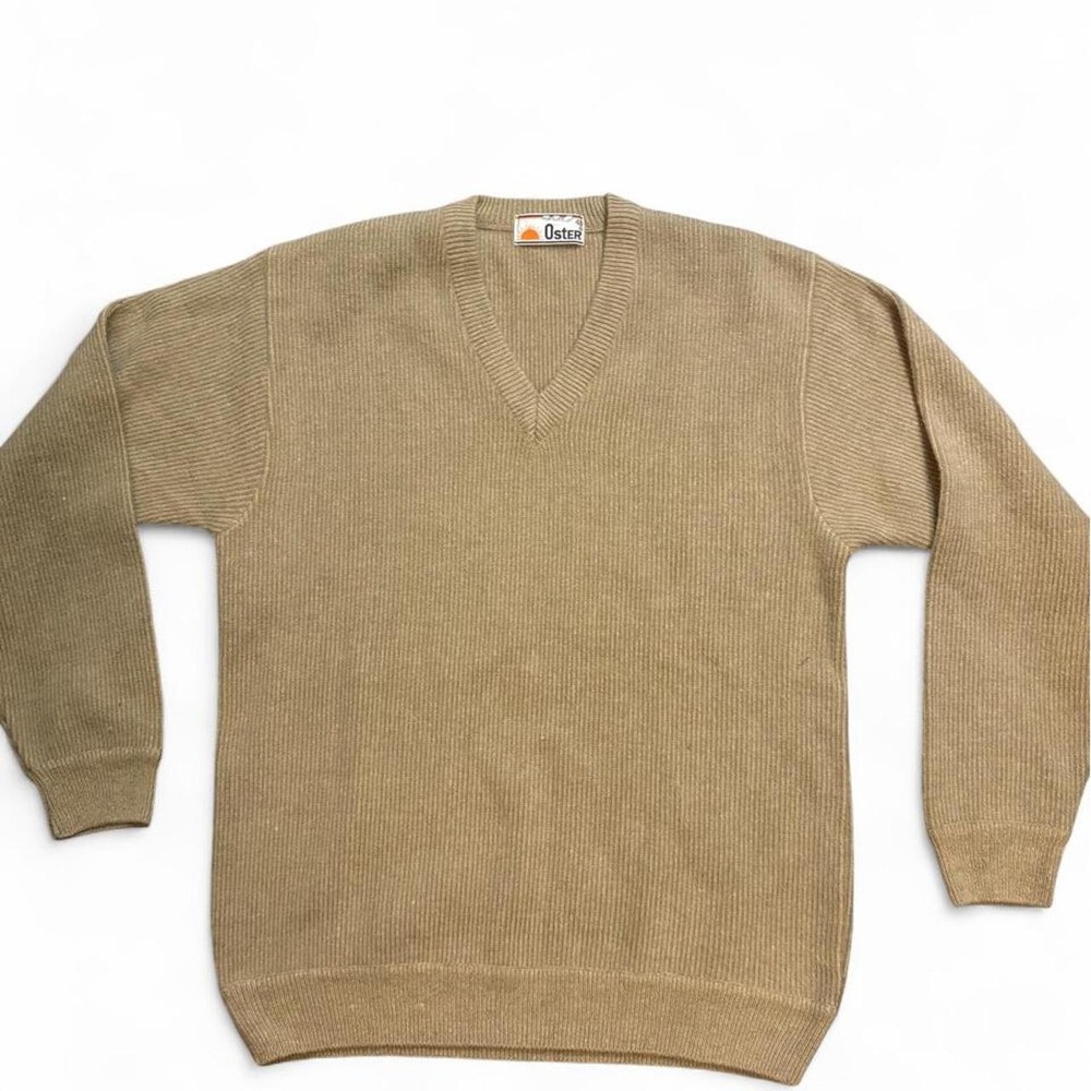 Vintage 80s Oster Mens Size 40 V Neck Sweater Tan Ribbed Grandpa Preppy